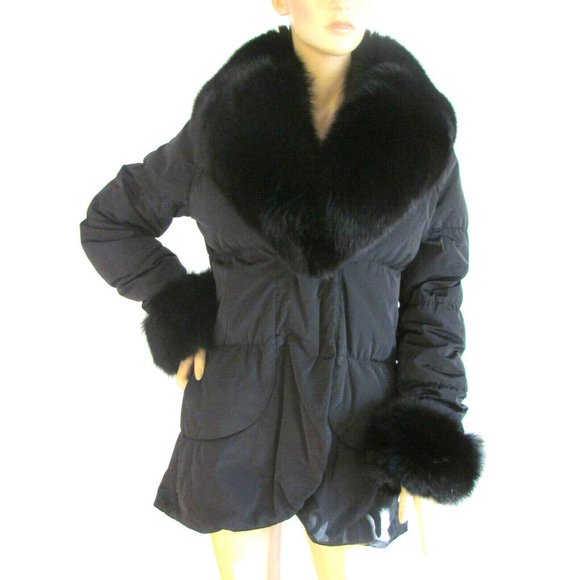 Post Card Fox Fur Trim Black Belted Hip Length Down Designer Coat Size10.R - Picture 8 of 14